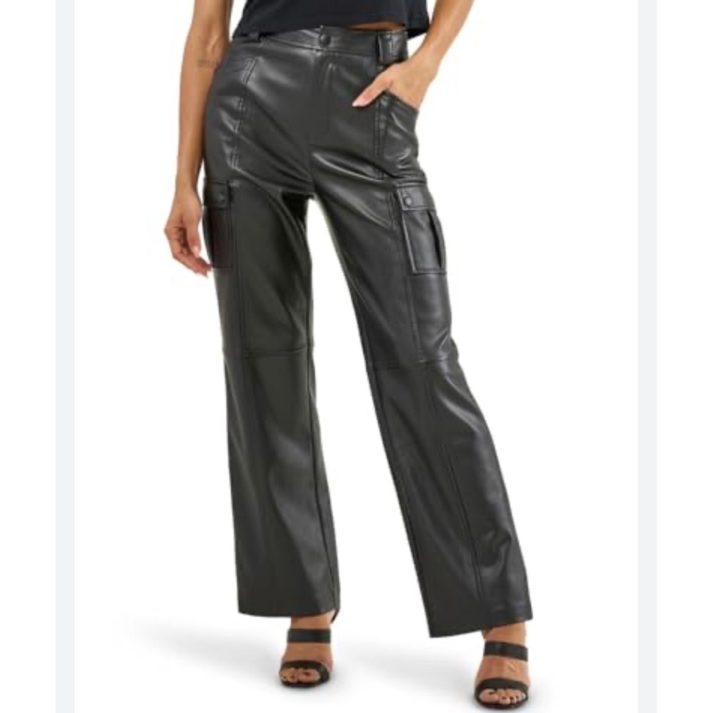 American Eagle Stretch Faux Leather Cargo Pants 4 Black High Waist Straight Leg